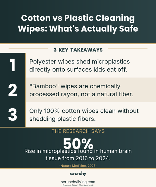 Cotton vs plastic cleaning wipes: polyester and bamboo-viscose wipes shed microplastics onto food-contact surfaces, while 100% cotton does not — Scrunchy Living