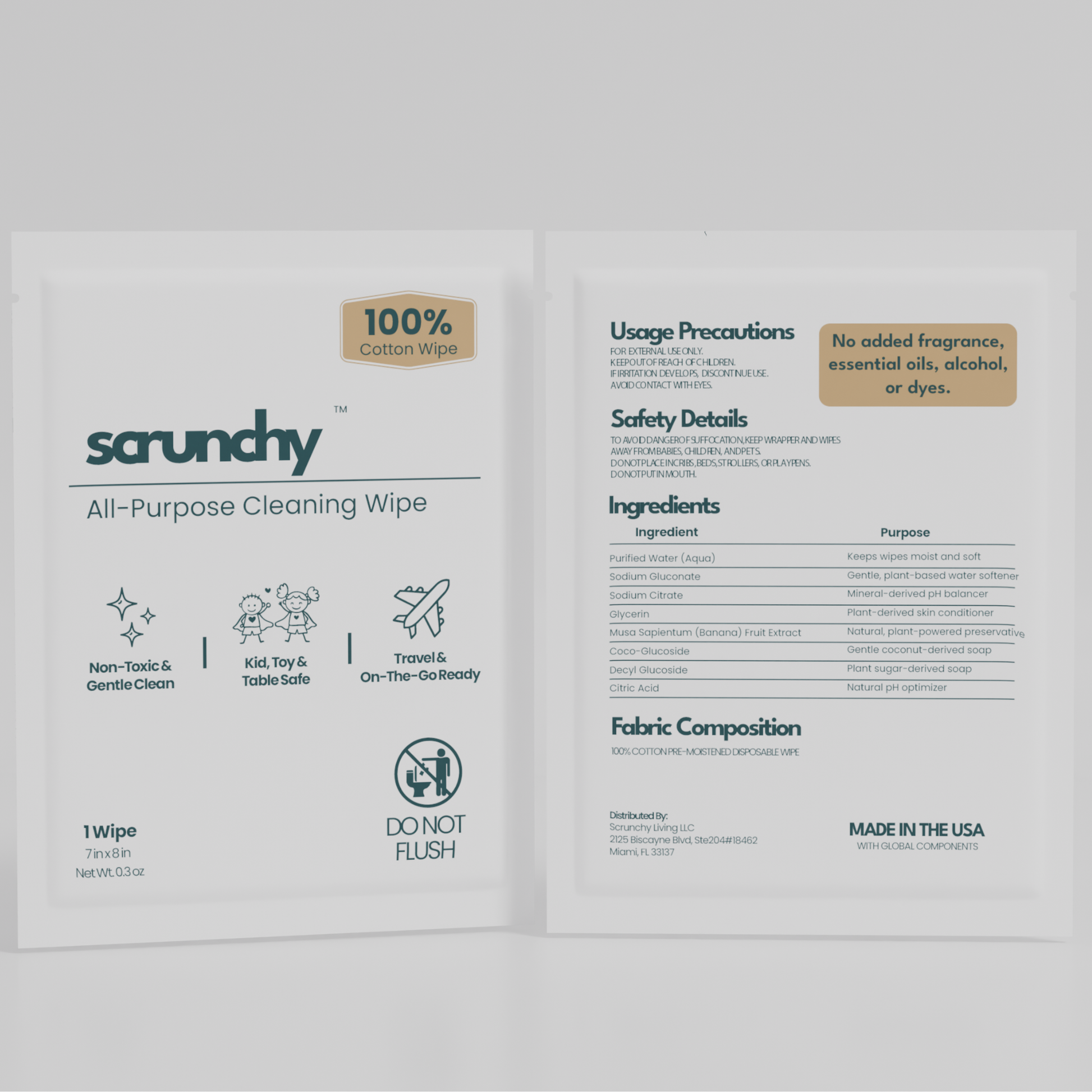 Front and back stand up of Scrunchy All-Purpose Cleaning Wipe sachet with non-toxic claims, usage precautions, and ingredient list
