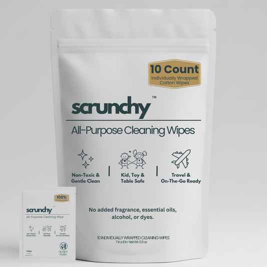 Scrunchy All-Purpose Cleaning Wipes 10 count pouch with individually wrapped 100% cotton non-toxic wipes for kids, toys, tables, and travel.
