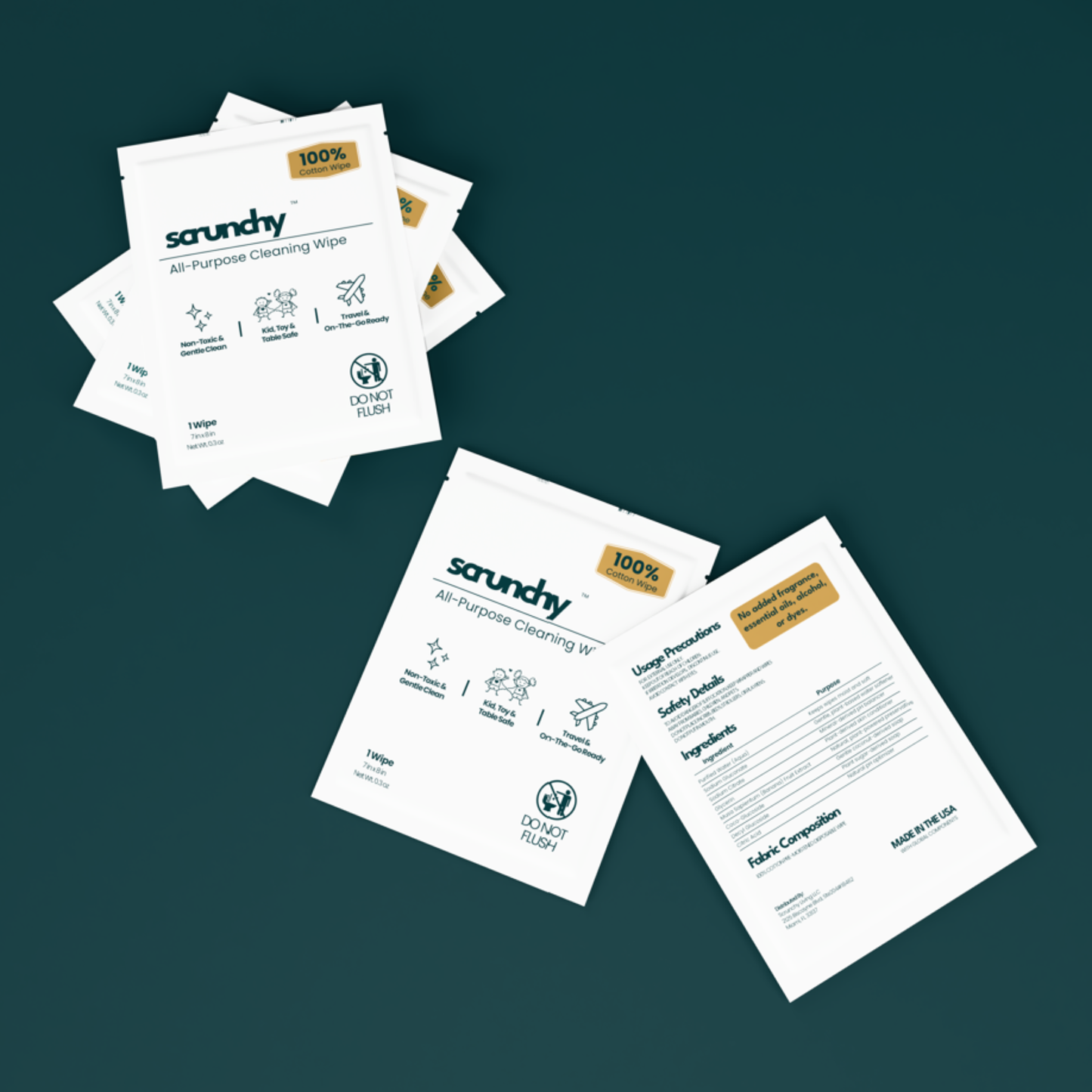 Front and back of Scrunchy All-Purpose Cleaning Wipe sachets showing individually wrapped 100% cotton non-toxic wipes for kids, toys, tables, and travel