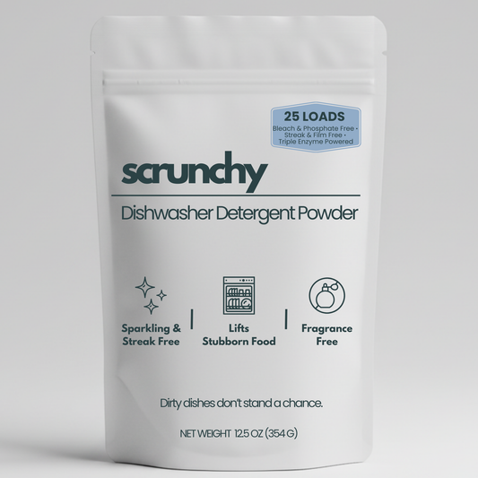 Scrunchy fragrance-free dishwasher detergent powder pouch, 25 loads, bleach and phosphate free triple-enzyme formula for sparkling dishes.