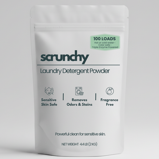 Scrunchy fragrance-free laundry detergent powder bag, 100 loads, triple-enzyme formula for sensitive skin and baby clothes.