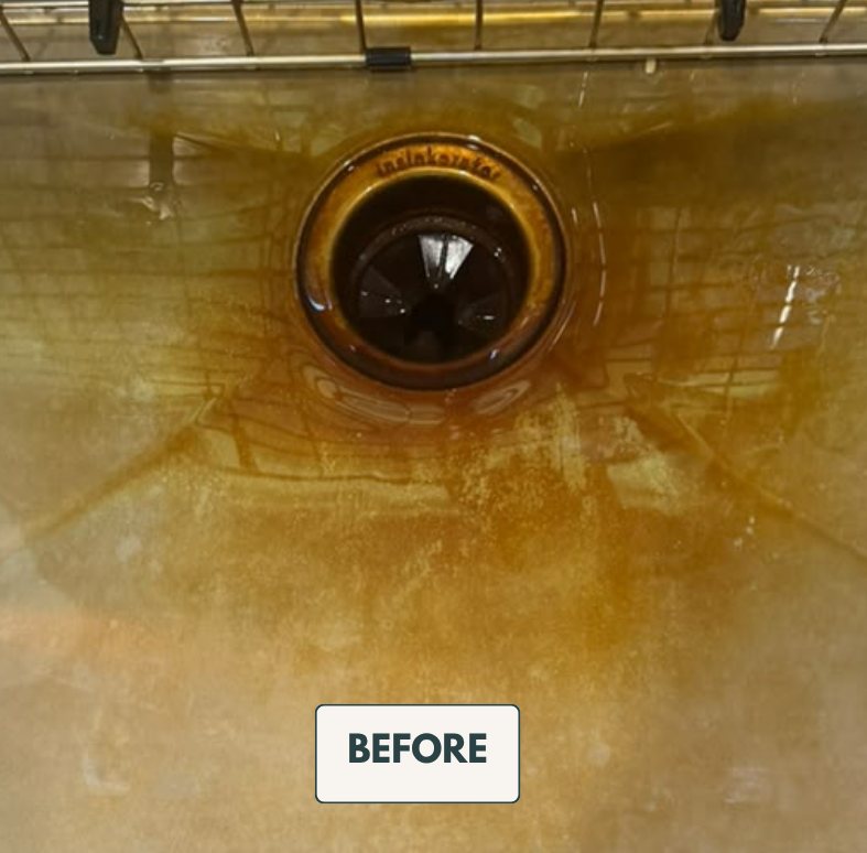 Sink rust and mineral buildup before and after