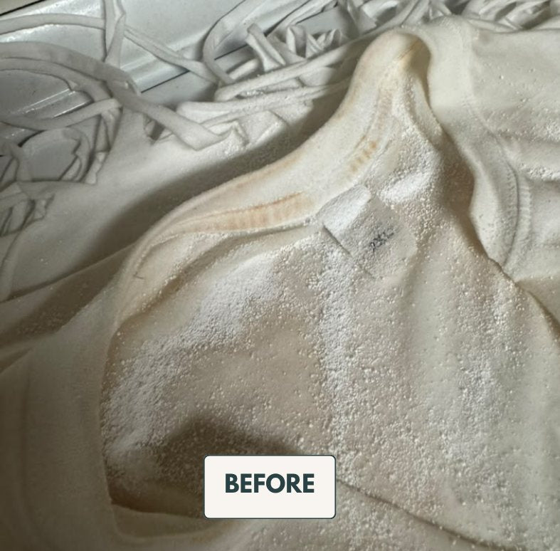 White laundry before and after the Brightening Powder